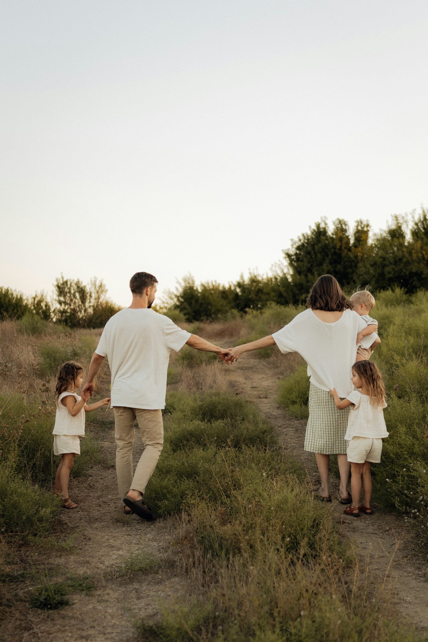 A family walking hand in hand through long grass